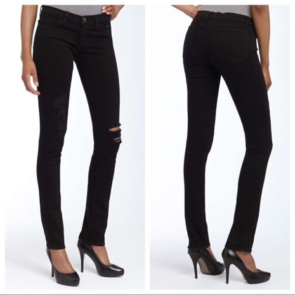 J Brand Black Low Rise Pencil Leg Torn Distressed Jett Jeans 28 - Picture 1 of 8